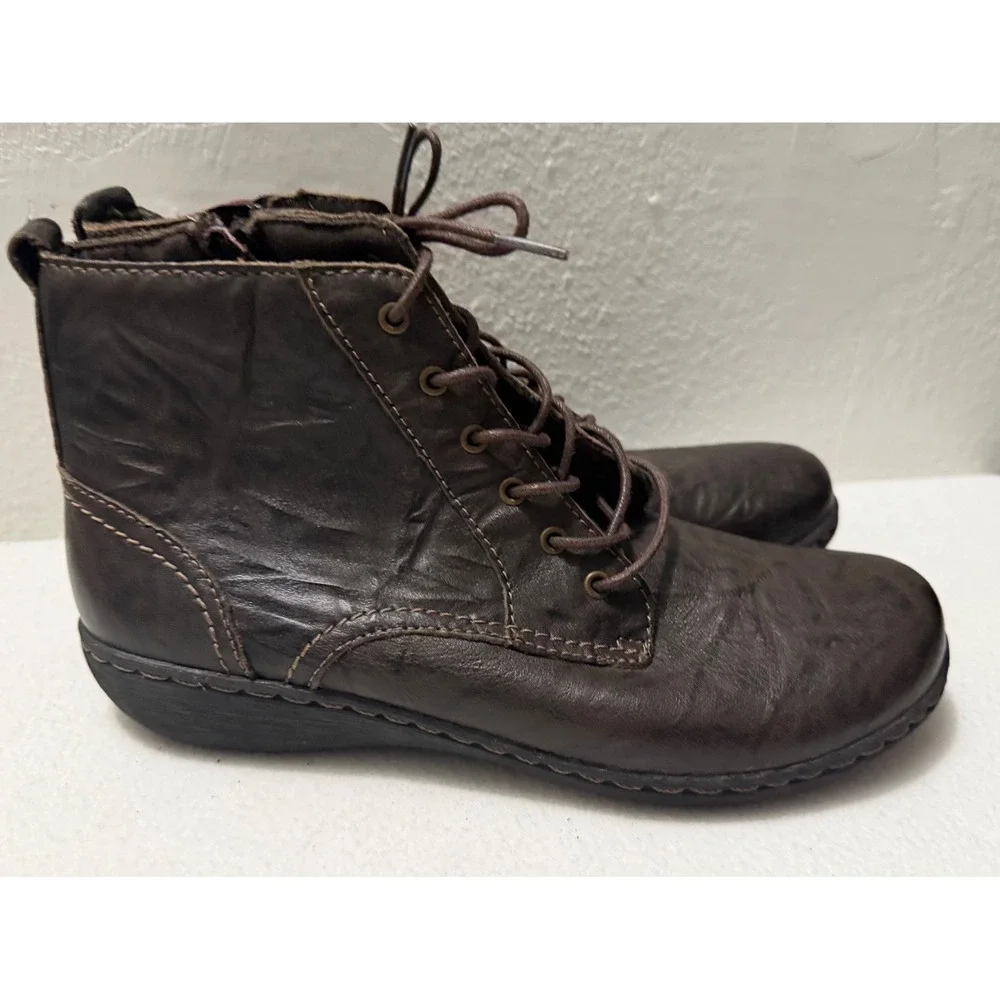 Clarks Collection Womens 8.5 Dark Brown Leather Lace Up Side Zip Ankle Boots